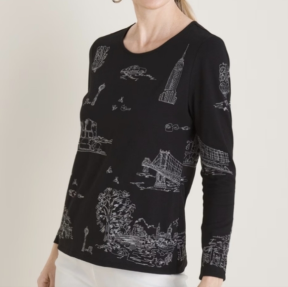 Chico's NYC Graphic Embroidery Long Sleeves Casual Tee Size Large - Picture 1 of 10